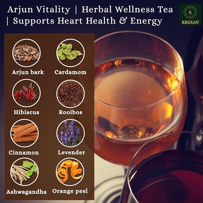 KRIHAN Organic Arjuna Herbal Tea (Terminalia Arjuna) – 40 Tea Bags | Natural Cardiovascular &amp Blood Pressure Support | Caffeine-Free Non-GMO Plant-Based Arjun ki Chaal For Heart Health Tea 80g
