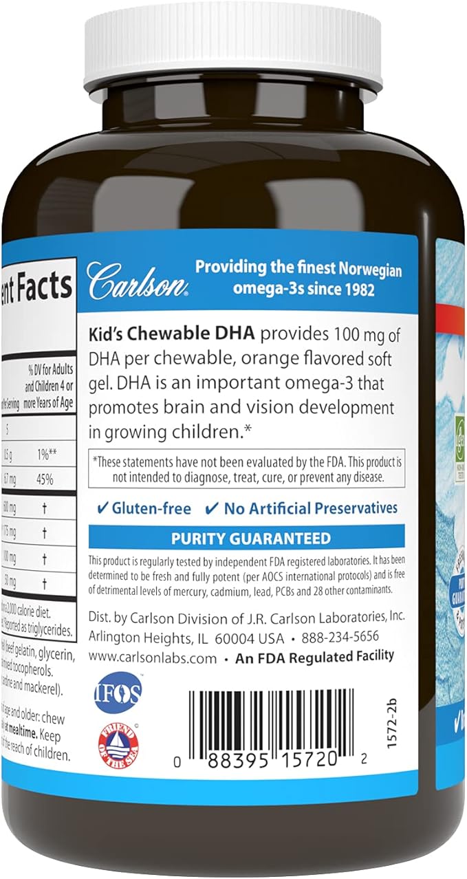 Carlson - Kid's Chewable DHA 100 mg DHA Brain Health Vision Function Growth &amp Development Orange 180 Chewable Softgels