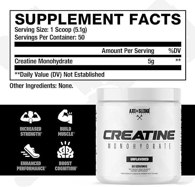 Axe &amp Sledge Basics Creatine | Unflavored Enhances Strength &amp Performance Increases Lean Body Mass 50 Servings | Pure Creatine Monohydrate No Fillers or Artificial Substances | 50 Servings