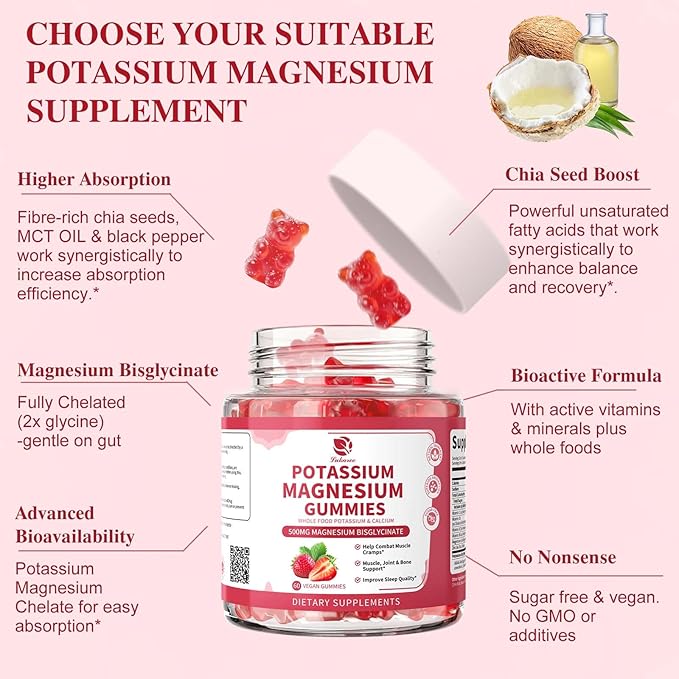 (2 Pack) Magnesium Potassium Supplement Gummies - New Formula Calm Magnesium Bisglycinate Gummies &amp Plant Potassium Plus Chia Seeds B6 D3 K2 &amp Calcium for Sleep Leg Cramps &amp Muscle -Ve