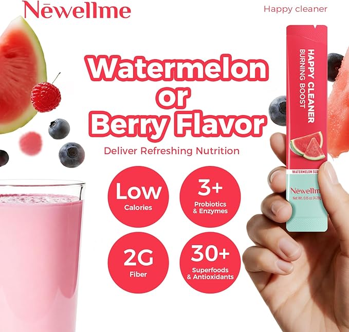 NEWELLME Happy Cleaner Digestive Supplement Powder Gut Health Drink Mix with Probiotics Digestive Enzymes &amp Fiber Supports Digestion and Bloating Watermelon &amp Berry Variety 28 Sachets (2