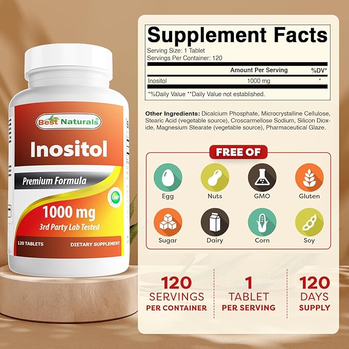 Best Naturals Inositol 1000 mg 120 Tablets (120 Count (Pack of 1)) (120 Count (Packf of 3))