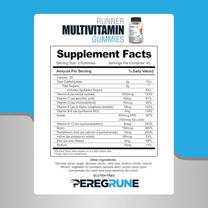 Runner Multivitamin Gummies - Daily Vitamin for Running with Vitamins A C D E and B Complex – 50% Less Sugar – Antioxidants Recovery Endurance and Energy Gummy – Running Supplement