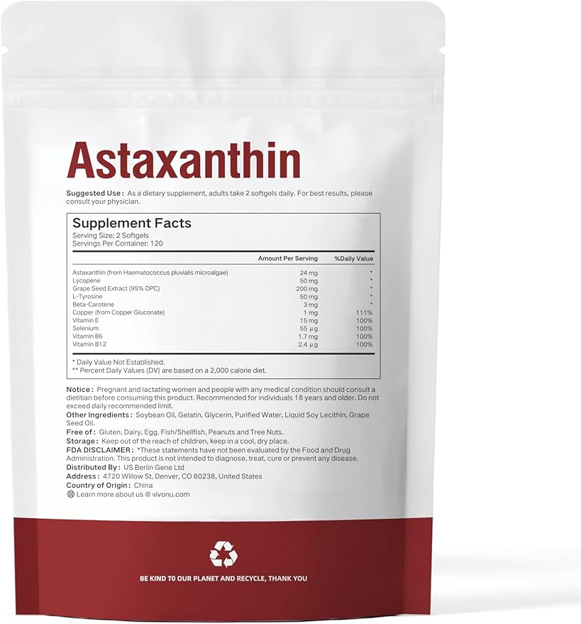 10 in 1 Astaxanthin Supplements 24mg 4 Month Supply Astaxantina Antioxidant from Fresh Haematococcus Pluvialis Contains Lycopene Grape Seed Vitamin E &amp More Supports Eye Joints Skin Health