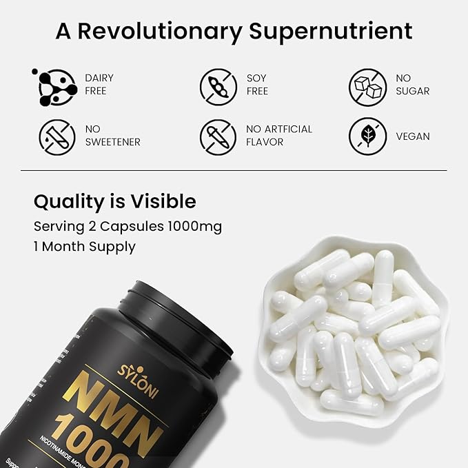 NMN Supplement 1000mg 99% Pure NMN 4-in-1 NAD+ Support with PQQ CoQ10 L-Ergothioneine 60 Capsules Nicotinamide Mononucleotide - Anti-Aging Energy Boost DNA Repair for Adults Vegan