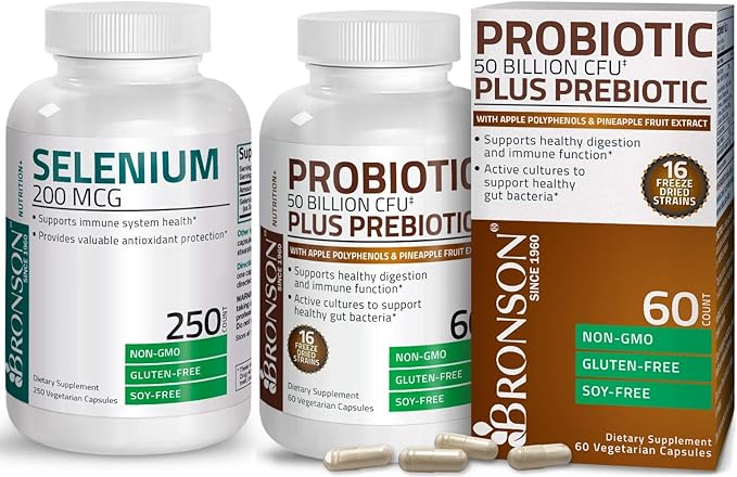 Bronson Probiotic 50 Billion CFU + Prebiotic with Apple Polyphenols &amp Pineapple Fruit Extract + Selenium 200 Mcg for Immune System Thyroid Prostate and Heart Health