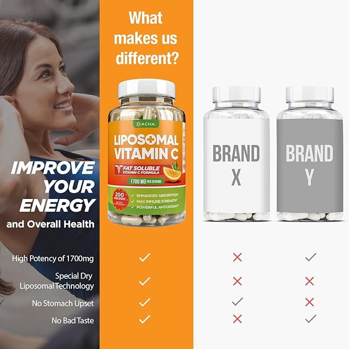 DACHA Natural Liposomal Vitamin C - 1700mg 200 Capsules Immune System &amp Collagen Booster High Absorption Fat Soluble VIT C Buffered Skin Vitamins Vegeterian Vegan