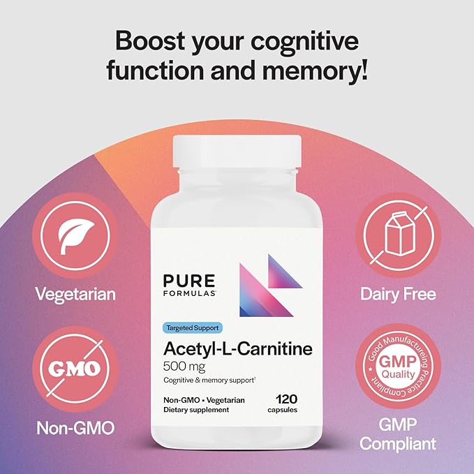 PureFormulas Acetyl L-Carnitine Cognitive &amp Memory Support L Carnitine Supplement for Brain Focus &amp Calmness Alcar 500mg Dairy Free Non-GMO 120 Vegetarian Capsules