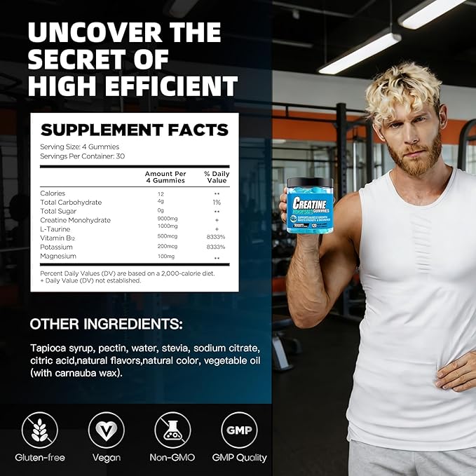 Creatine Monohydrate Gummies for Men &amp Women 9000MG Creatine Gummies for Muscle GrowthSugar Free - Blueberry Flavored with L-Taurine BCAA 2:1 B12 B6 for Boost Strength Vegan Non-GMO 120pcs