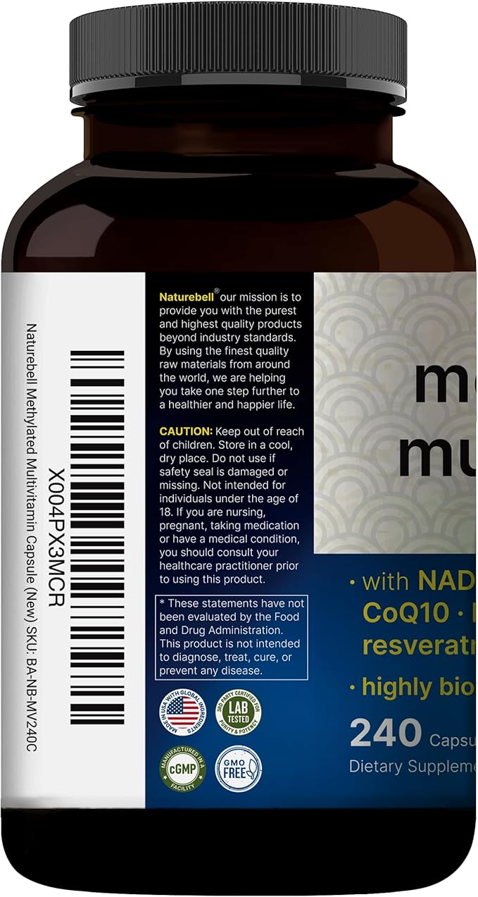 Methylated Multivitamin for Men and Women 240 Capsules | 27-in-1 Formula with Vitamins B Complex C D3 K2 NAD NAC CoQ10 Resveratrol Magnesium Zinc &amp More | Daily Essential Vitamins