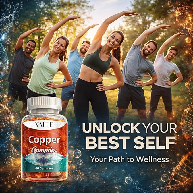 VAITE Copper Supplement Gummies 10 mg Amino Acid Chelate – Trace Mineral that Plays a Role in Collagen Formation Gentle on Stomach Supports Daily Nutrition &amp Balance – Vegan Non-GMO 60 Count
