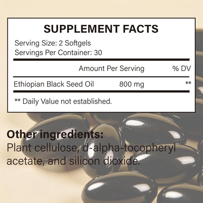 Organic Ethiopian Black Seed Oil Softgels 60 Count - Cold-Pressed with Occurring Thymoquinone Plant-Based for Daily Wellness (1)