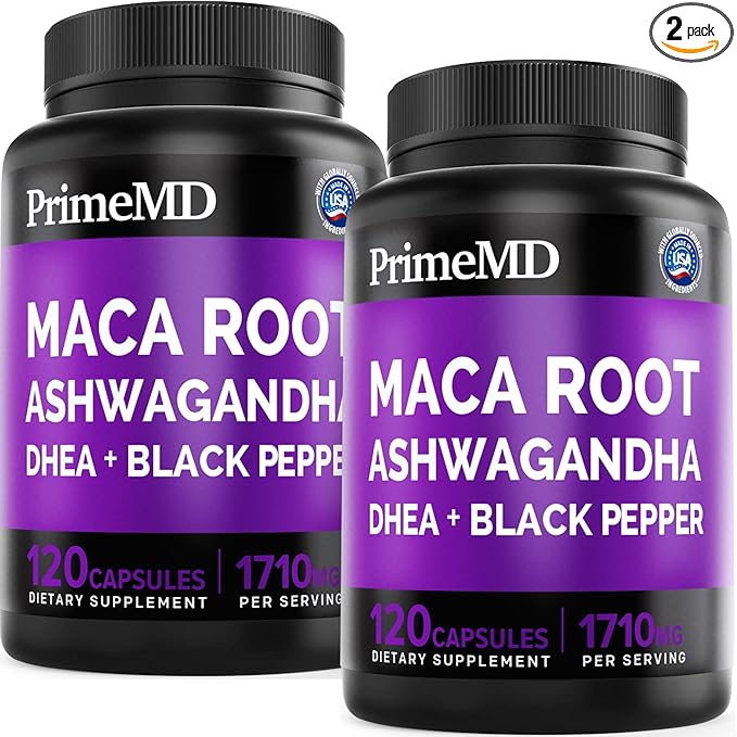 6-in-1 Organic Maca Root Ashwagandha Capsules 1710mg with DHEA and Black Pepper Fruit Extract for Women and Men - Black Maca Supplement for Stamina Bone and Mood Support Supplement 120ct (Pack of 2)