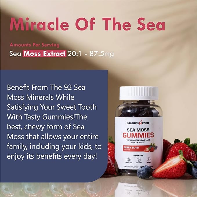 ORGANICS NATURE Irish Sea Moss Gummies for Lung Detox Thyroid Strength Immune &amp Energy Support Vegan Seamoss Gummies for Kids &amp Adults - 60 Vegan Gummy Bears Berry Flavored (Pack of 3)