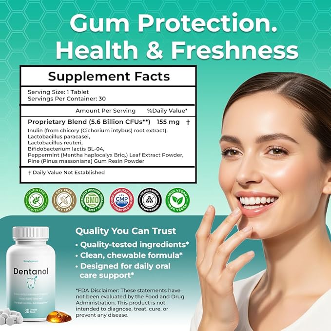 Oral Probiotic Supplement – Arctic Pine Resin &amp 4 Probiotic Strains – Supports Gum Health Fresh Breath &amp Oral Microbiome Balance – 30 Chewable Tablets