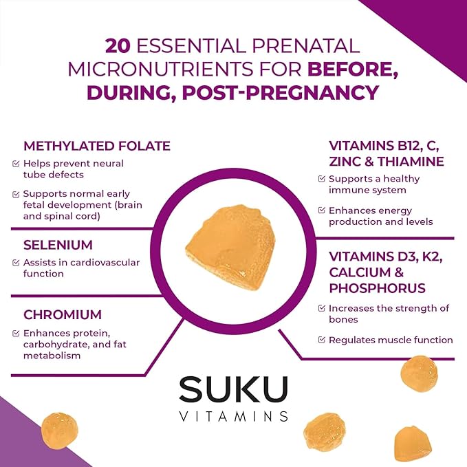 SUKU Prenatal Multivitamin Gummies – Folate Calcium Vitamin D3 B12 K2 – Sugar-Free Vegetarian Gluten-Free Pregnancy Support – Pineapple Peach Flavor – 60 Count