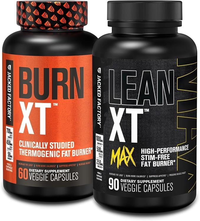Jacked Factory Burn-XT Clinically Studied Fat Burner &amp Weight Loss Supplement (60 Capsules) Lean-XT Max - High-Performance Stim-Free Fat Burner (90 Capsules)