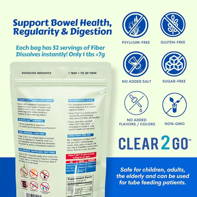 Nutritional Designs Prebiotic Fiber Supplement Powder - Inulin Soluble Fiber - All Natural Sugar &amp Gluten Free Dietary Fiber - Daily Fiber for Bowel Health Clear 2 Go - 15.8 Oz