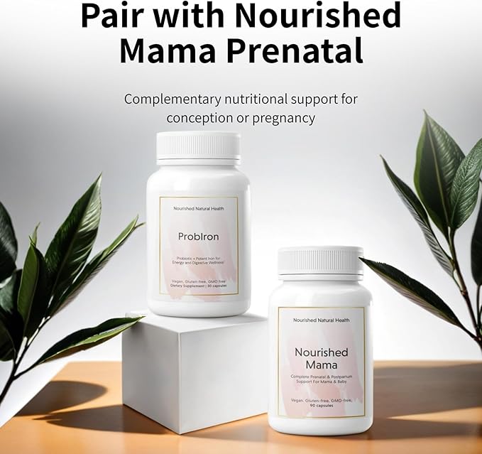 Nourished Natural Health ProbIron - Women's Probiotic + Iron Supplement Boosted with Vitamin C and Copper - Vegan Formula for Energy and Digestive Wellness - 60 Capsules