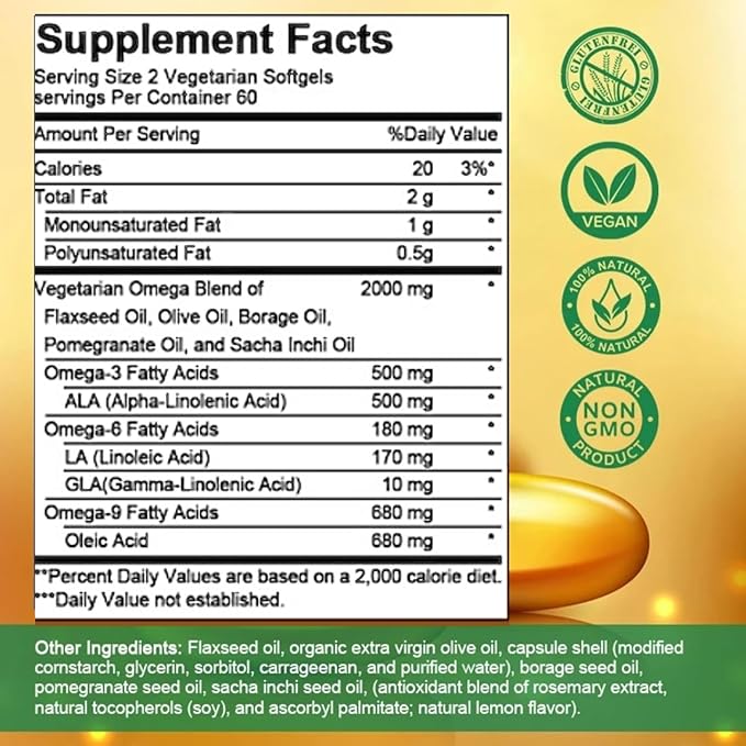 High-Potency Omega 3-6-9 100% Vegan Sourced Natural Supplement for Heart and Joint Health 2 Month Supply 120 Softgels