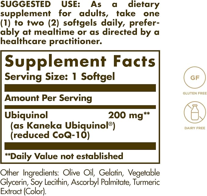 Solgar Ubiquinol 200 mg (Reduced CoQ-10) 30 Softgels - Promotes Heart &amp Brain Function - Supports Healthy Aging - Coenzyme Q10 - Ubiquinone Supplement - Gluten Free Dairy Free - 30 Servings