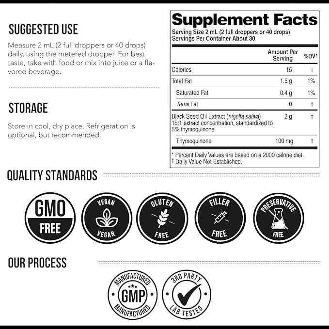 Black Seed Oil Liquid | 5% Thymoquinone - TQ-Advanced® | High Potency - 100 mg per Serving - 15:1 Concentrate from Nigella Sativa Extract Raw Form Vegan Formula Glass Bottle (30 Servings)