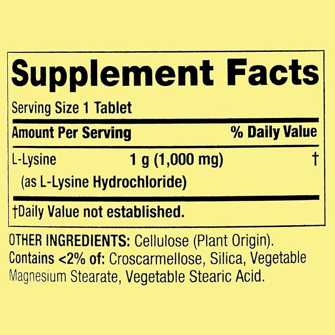 L-Lysine 1000mg Tablets – Essential Amino Acid for Immune Support Collagen Formation and Skin Health – High-Potency Lysine Supplement 100 Count + Exclusive Vitamin Guide
