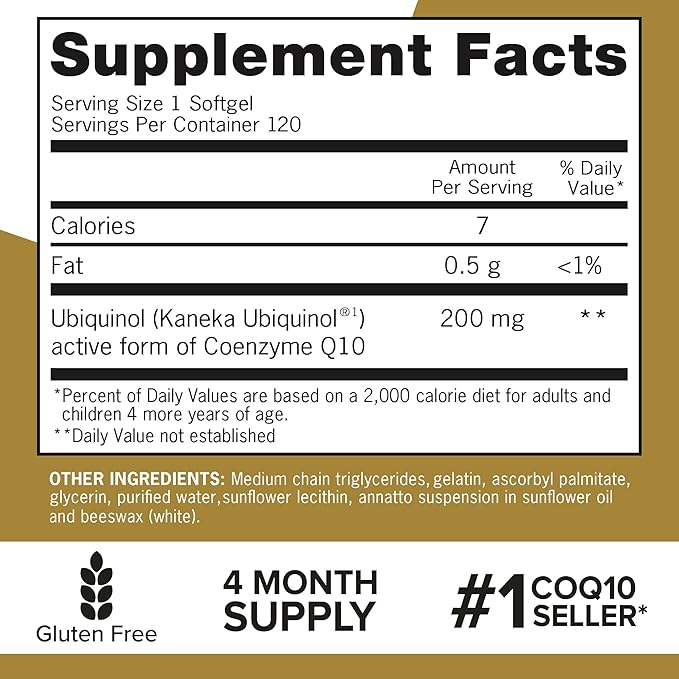 Qunol Ubiquinol CoQ10 200mg Softgels Powerful Antioxidant for Heart and Vascular Health Essential for Energy Production Natural Supplement Active Form of CoQ10 120ct Softgels