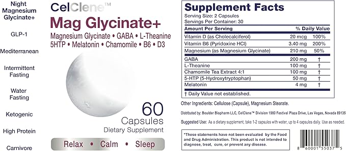 Magnesium Glycinate+ Supports Stress Relief Sleep Heart Health Nerves Muscles and Metabolism with Magnesium Glycinate GABA L-Theanine 5-HTP Melatonin Vitamin B6 and Vitamin D3