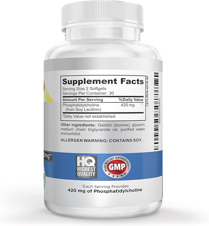 Choline Phosphatidyl High Potency Phospholipid Complex Phosphatidylcholine Pregnancy Support Mental Clarity Energy Liver Brain &amp Cognitive Health 420mg Softgels Non-GMO Made in USA