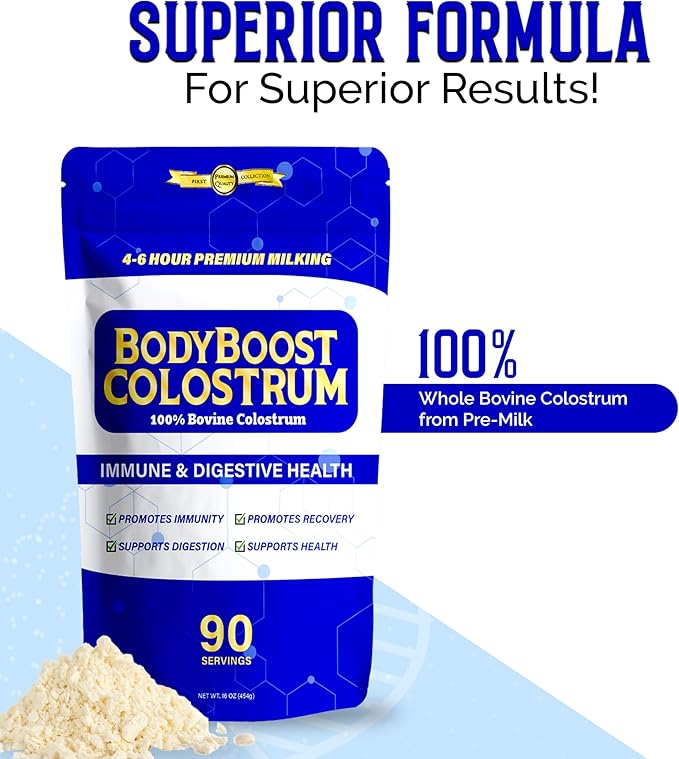 BodyBoost Premium Colostrum Whole 100% Bovine Colostrum Powder Immune Booster Supplement with Immunoglobulin &amp Lactoferrin Grass Fed Colostrum Powder Gut Health Diverse Intake16 oz