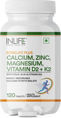 INLIFE Calcium Magnesium Zinc Vitamin D K2 Folic Acid &amp B12 Vegetarian Tablets Bone &amp Joint Support Supplement | Calcium Supplement for Women Men - 120 Tablets (Pack of 1)