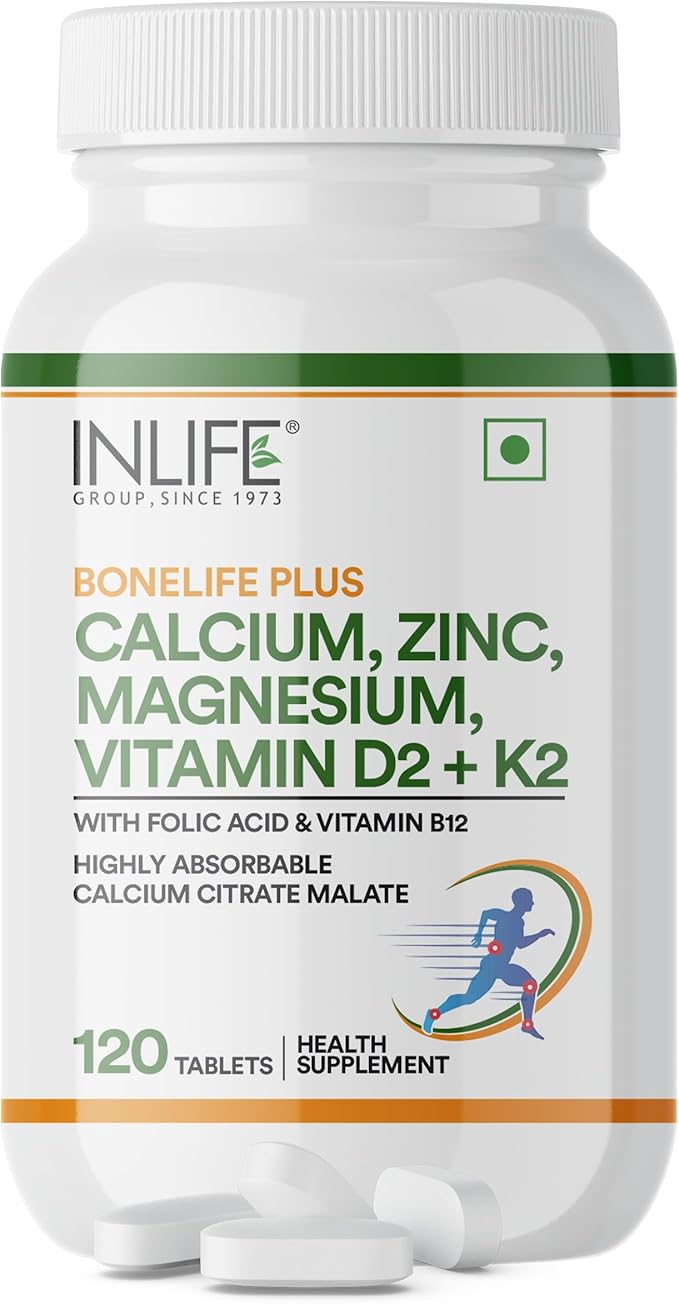 INLIFE Calcium Magnesium Zinc Vitamin D K2 Folic Acid &amp B12 Vegetarian Tablets Bone &amp Joint Support Supplement | Calcium Supplement for Women Men - 120 Tablets (Pack of 1)