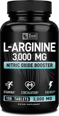 Zeal Naturals L-Arginine Supplement - 3000mg 150 Tablets | Nitric Oxide Booster | L Arginine Supplement for Men &amp Women | Support Energy Circulation Muscle Growth