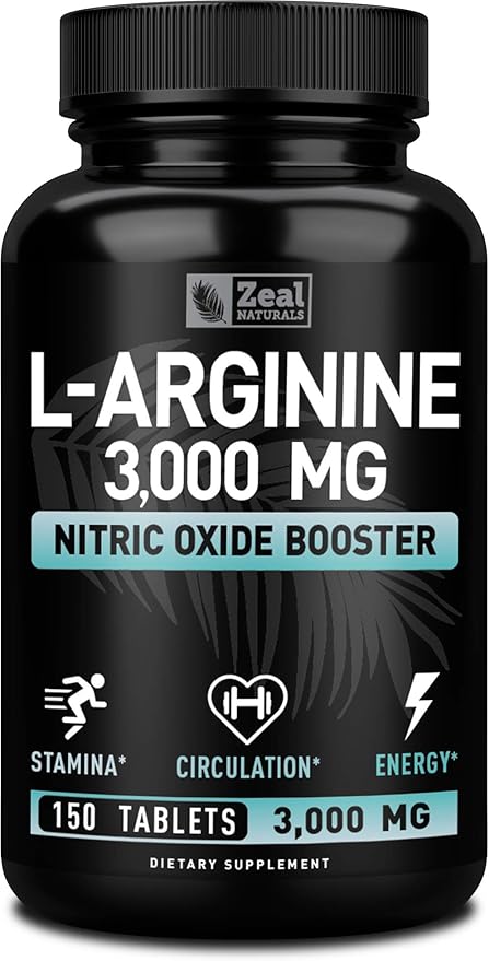 Zeal Naturals L-Arginine Supplement - 3000mg 150 Tablets | Nitric Oxide Booster | L Arginine Supplement for Men &amp Women | Support Energy Circulation Muscle Growth