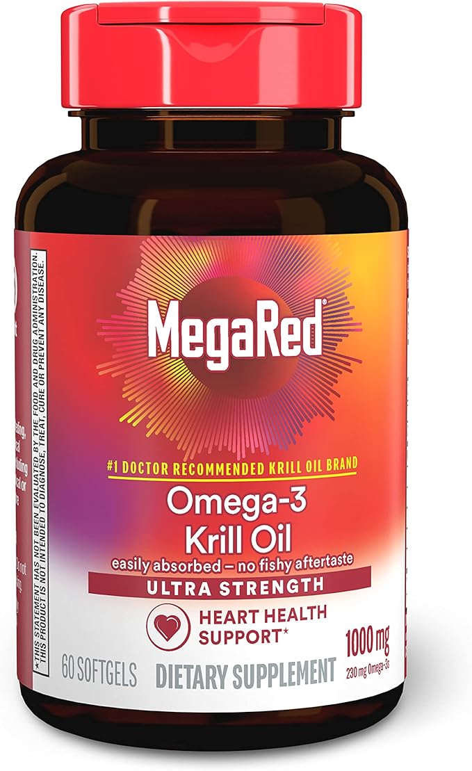 MegaRed Ultra Strength 1000mg Omega-3 Krill Oil Supplement with EPA/DHA Astaxanthin &amp Phospholipids No Fish Oil Aftertaste Supports Heart Brain Joint and Eye Health 60 Count Softgels.
