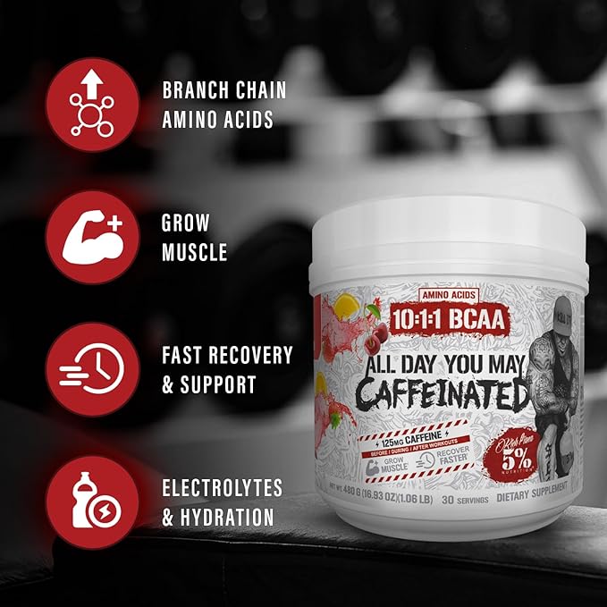5% Nutrition Rich Piana AllDayYouMay Caffeinated BCAA Energy Powder | Premium Pre Workout Amino Energy &amp Electrolytes | Hydration Endurance &amp Recovery | 16.08 oz 25 Servings (Fruit Punch)
