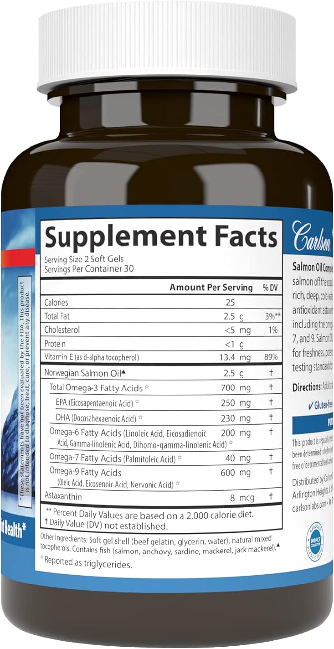 Carlson - Salmon Oil Complete 700 mg Omega-3s + Astaxanthin Cardiovascular Support Brain Function &amp Joint Health 60 Softgels (Pack of 2)