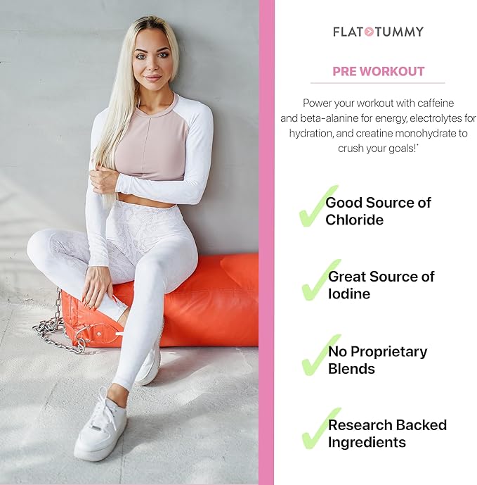 Flat Tummy Pre Workout Powder for Women – Energy Endurance and Muscle Support with 3g Creatine 1.6g Beta-Alanine Electrolytes – Fruit Punch Flavor – 30 Servings