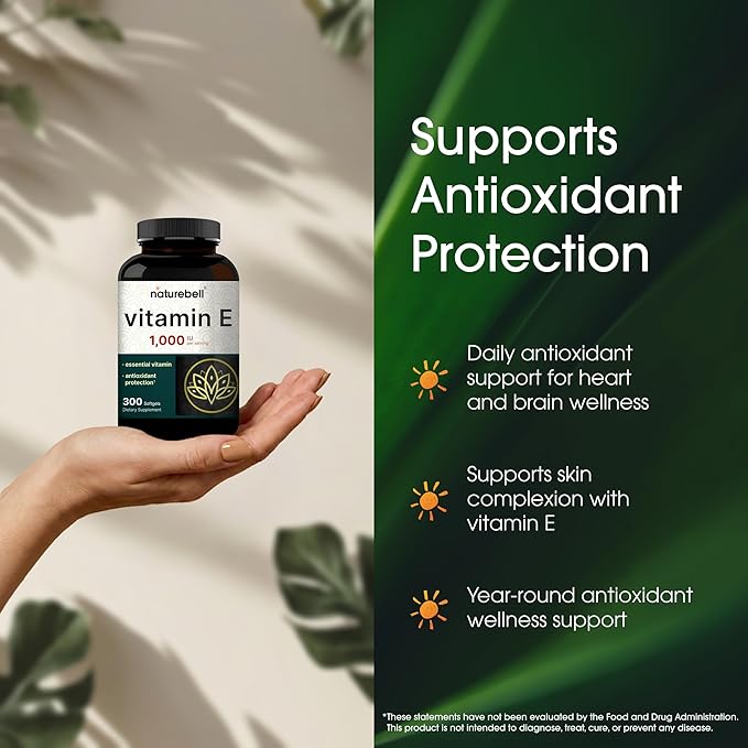 NatureBell Vitamin E 1000 IU Per Serving - 300 Softgels - Antioxidant Supplement for Skin Heart &amp Brain Health Support - High Bioavailability* - Gluten-Free &amp Non-GMO