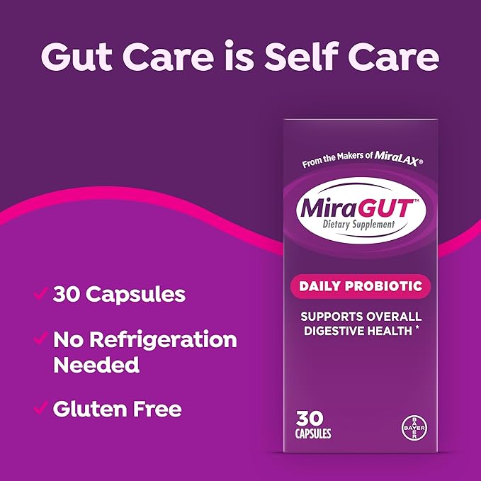 from The Makers of MiraLAX MiraGUT Daily Probiotic Probiotics for Digestive Health Gluten-Free Supplement Probiotic for Women and Men Support Overall Digestive Health 30 Ct