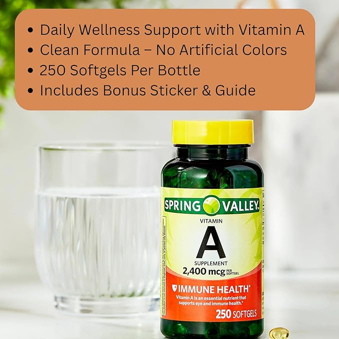 1 Pack Vitamin A 2400 mcg Softgels 250 Count (1 Bottle) + Vitamin Guide &amp Sticker Included