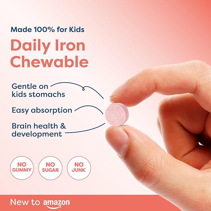 Hiya Iron+ Supplements for Kids - High Absorption Iron Supplement - Delicious Strawberry Flavor &amp Easy on Children's Stomach - No Added Sugar &amp Third Party Tested - 60 Day Refill Supply for To