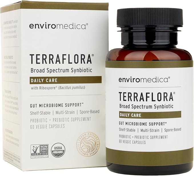 Terraflora Daily Care synbiotic of probiotics and prebiotics for Women and Men 60 ct Soil Based Shelf Stable allergen Friendly Spore Based Supplement Capsules Promote Gut Health by Enviromedica