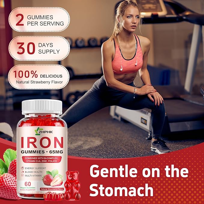 Iron Supplement Gummies for Women Men &amp Kids 65mg Iron &amp 250mg Vitamin C per Serving - Healthy Blood Energy &amp Immune Support Iron Vitamin Gummy with Folate 2 Pack