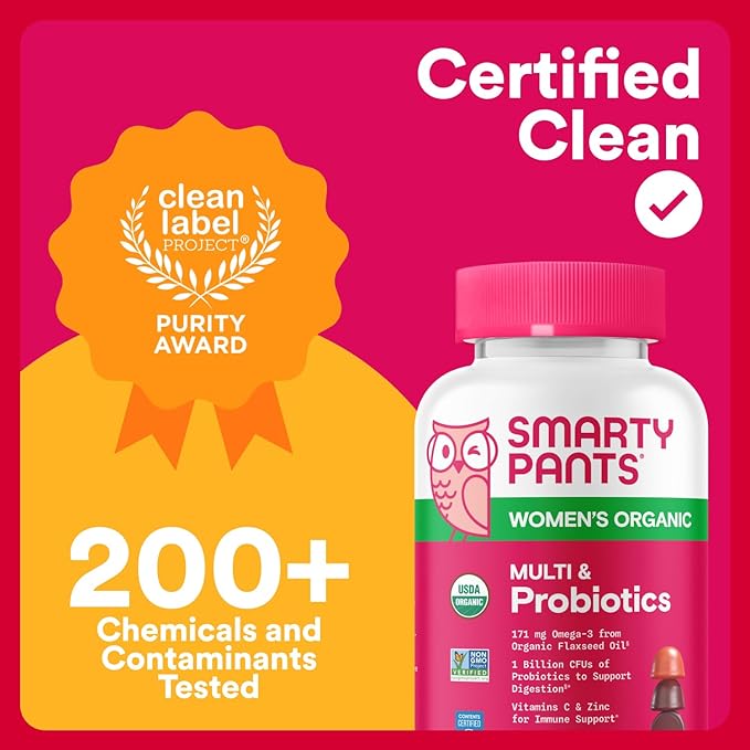 SmartyPants Organic Women's Multivitamin Gummies: BiotinProbioticsMethylfolateOmega 3 (ALA)Vitamin D3CVitamin B12B6AK &amp ZincInositolGluten Free(30 Day Supply)120 Count (Pack of 2)