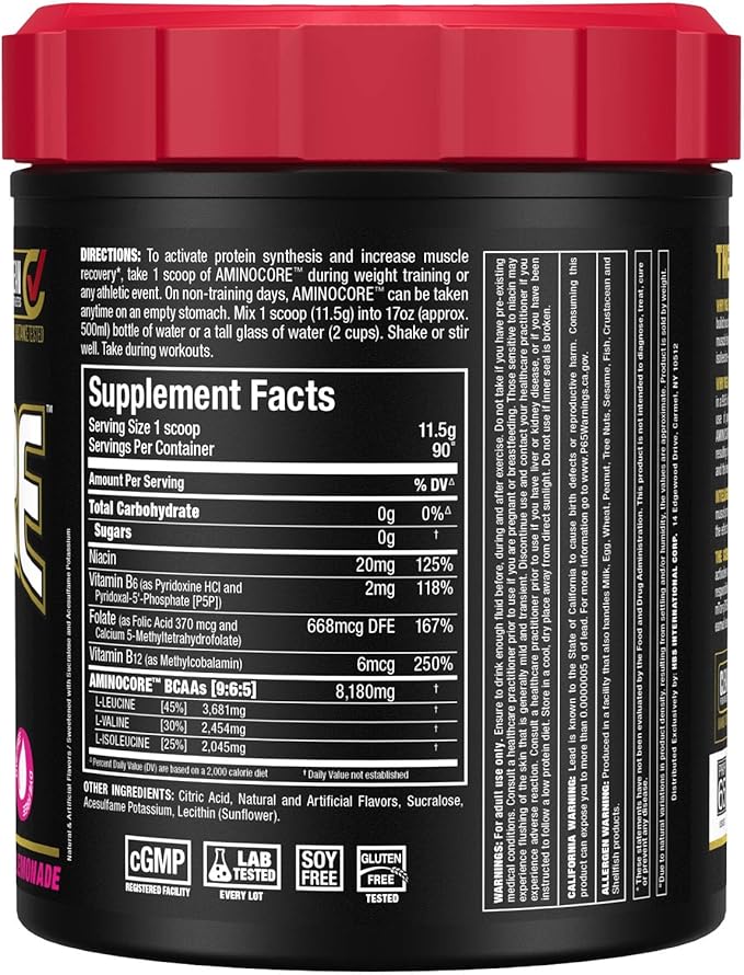 ALLMAX AMINOCORE BCAA Powder for Workout Muscle Recovery &amp Increased Endurance - Sugar Free No Fillers 8.18 Grams Bcaas Amino Acids B Vitamins for Women and Men- 90 Servings | Pink Lemonade 103