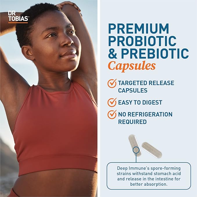 Dr. Tobias Deep Immune Probiotics &amp Prebiotics - Dual Action Digestion &amp Immune Support with PreforPro Prebiotics &amp Spore Forming Probiotics for Women &amp Men - 180 Capsules (90 Servings