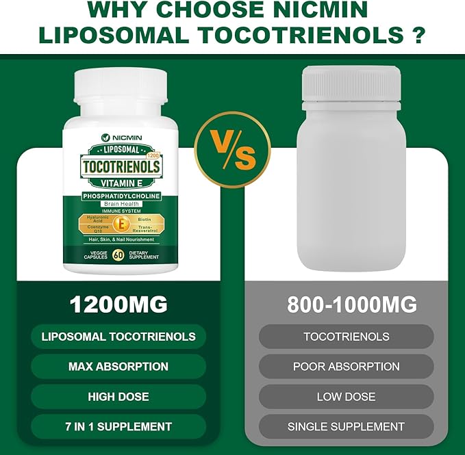 1200MG Vitamin E Tocotrienols Liposomal Tocotrienols Supplement with Phosphatidylcholine 95% Delta-tocotrienols and 5% Gamma-tocotrienols High Absorption for Heart Brain Function 120 Capsules