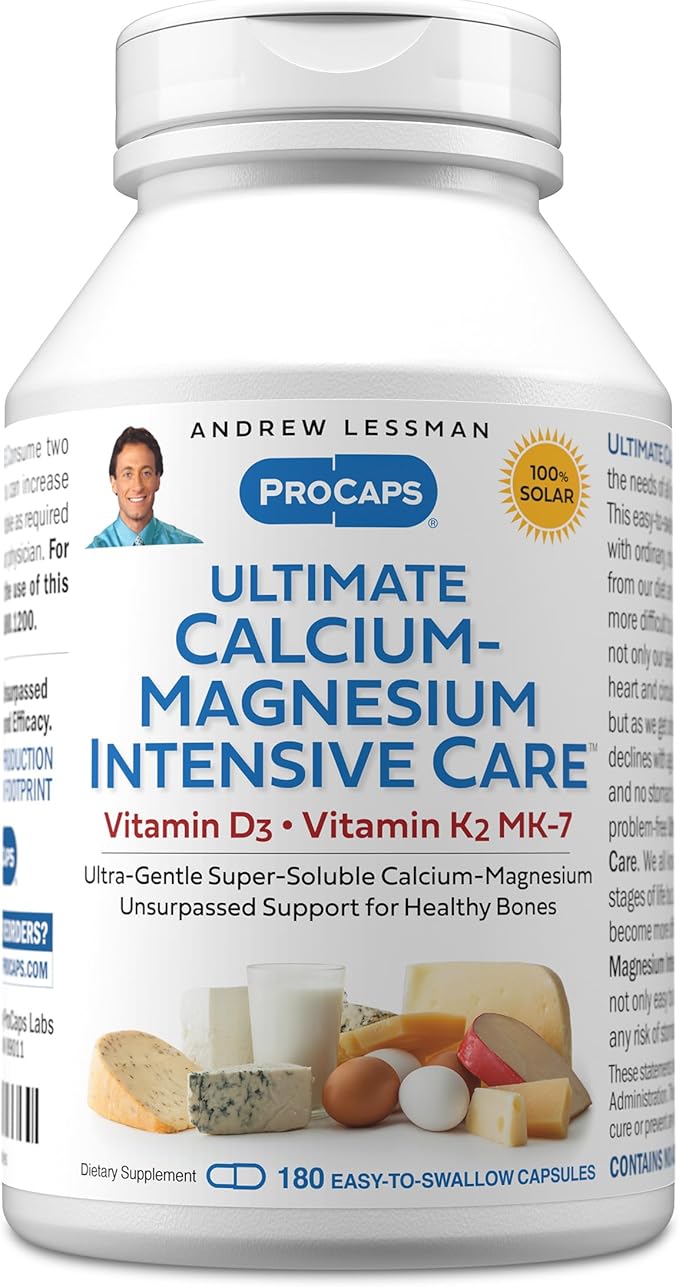 ANDREW LESSMAN Ultimate Calcium-Magnesium Intensive Care with Vitamin D3 &amp K2 MK7-120 mcg - 180 Capsules – Bone and Skeleton Health Essentials. Gentle Easy to Swallow Super Soluble. No Additives
